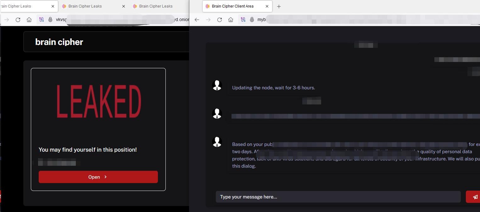 Brain Cipher’s Incomplete Leak Site and Communication Page