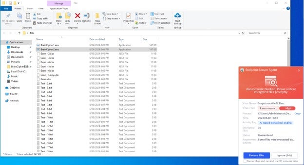 Sangfor Endpoint Secure blocks ransomware encryption by Brain Cipher and provides the option to restore encrypted files