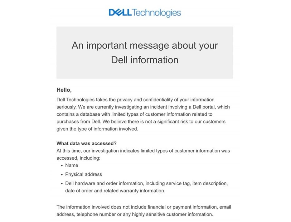 Dell data breach: The Dell customer database hack confirmation email.