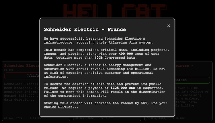 Message from Hellcat Ransomware Gang about the Schneider Electric data breach