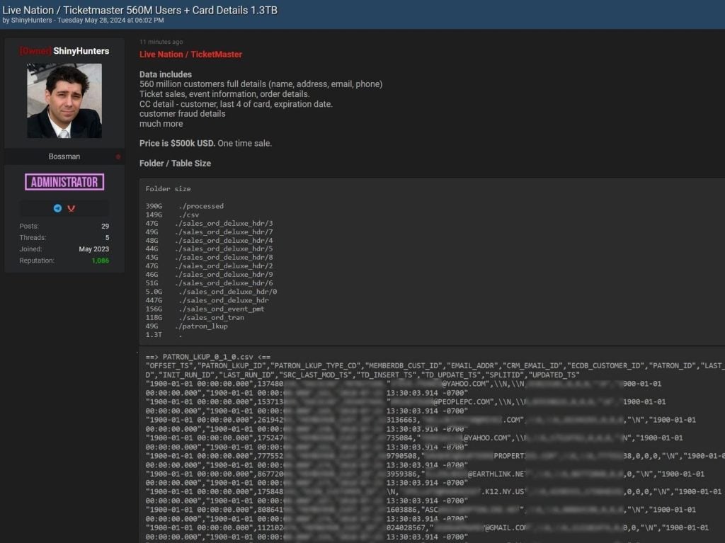 ShinyHunters on Breach Forums claiming Ticketmaster data breach (Screenshot: Hackread.com)